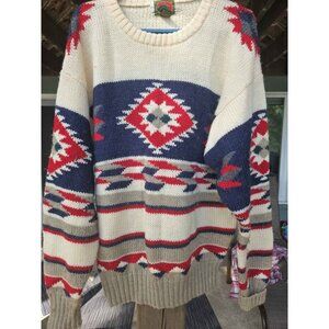 Vintage Mens Size Large Boston Traders Red Blue Aztec-Type Print Wool SweateR